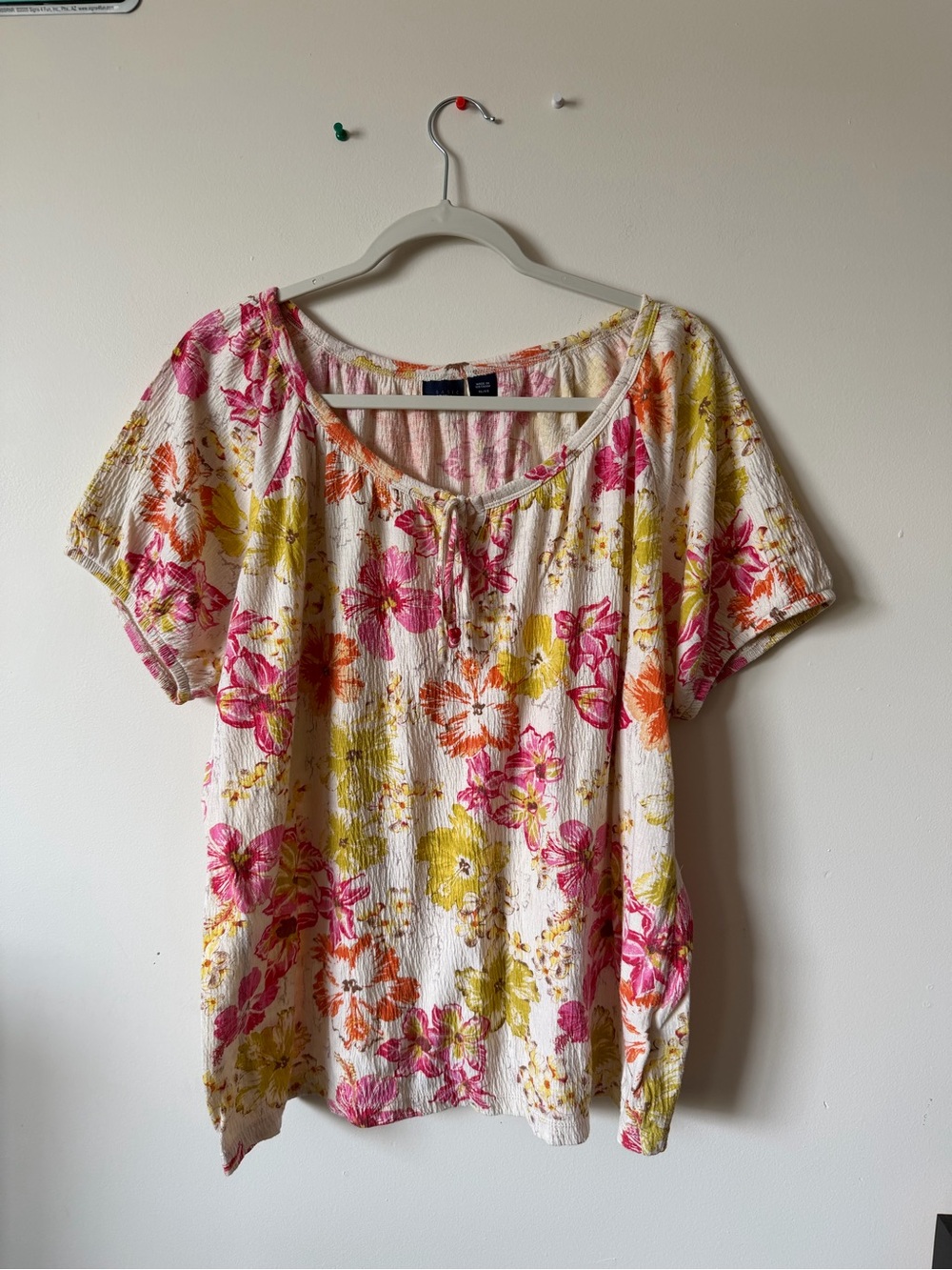 Basic Editions Floral Tie-Front Short Sleeve Top - Pink, Yellow, Orange